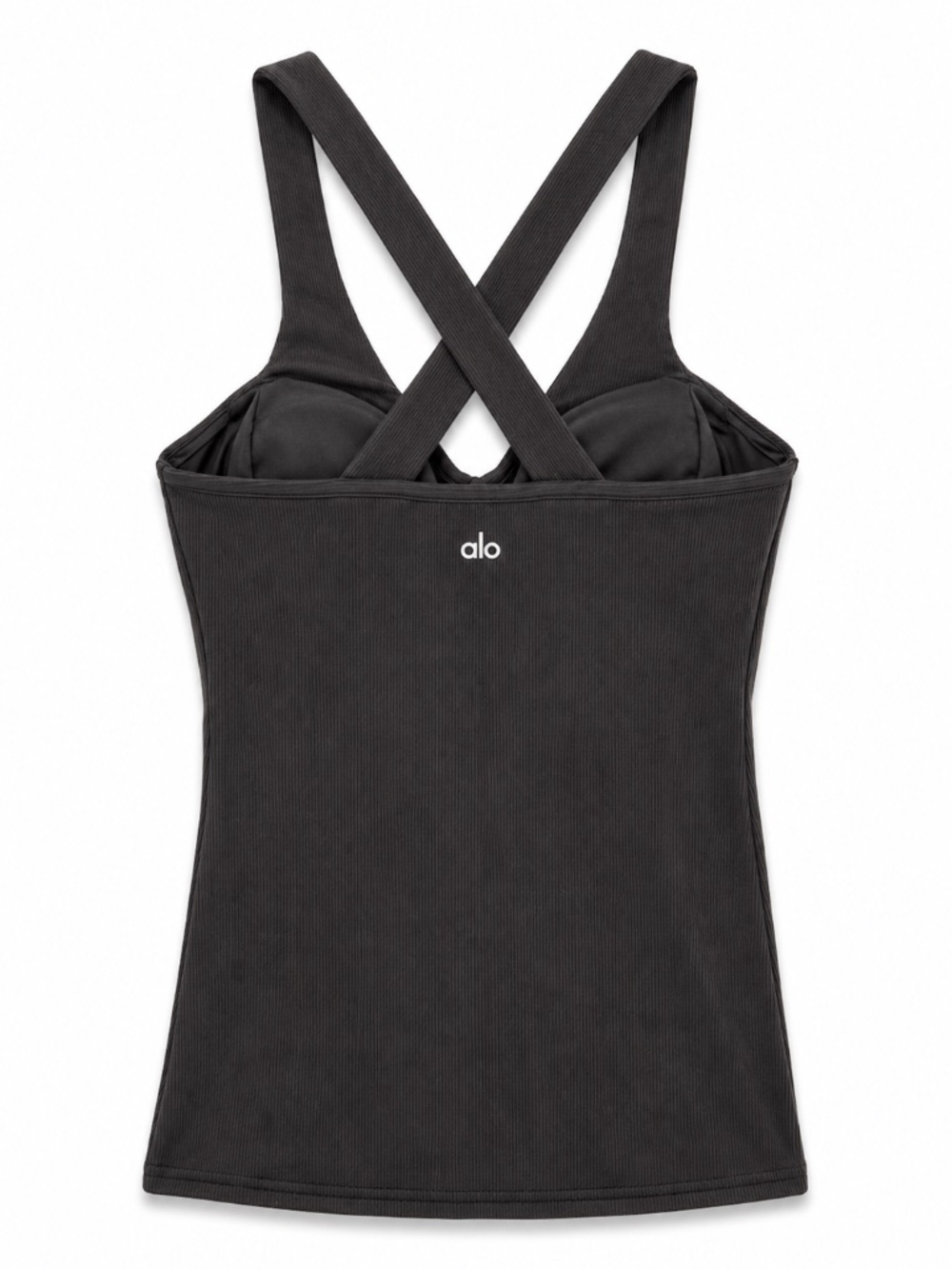 Alo Yoga Ribbed Cross Back Tank Top Built In Bra Black Women's Size M - Picture 2 of 2